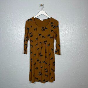 Boden Women 8 Tan Brown Oh Deer Print Dress Fit & Flare Jersey 3/4 Sleeve